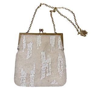 Vintage Walbaeg Bag Ivory Pearls Hand Beaded Gold Kiss Lock Chain Evening Purse